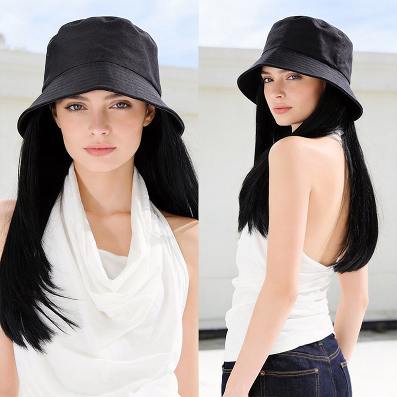 Bucket Hat Women - 日よけ用の黒いバケットハットと合成毛の内側がカールしたヘアスタイルを組み合わせた、女性用の快適で実用的なワンピースアクセサリー