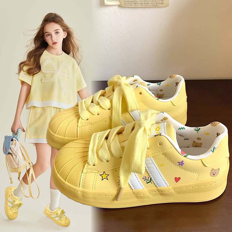 Women'S Yellow Fashion Sneakers - 2025年秋ファッション新作、厚底イエローフラットシューズ、子供用スポーツシューズ、学生向け、多用途スポーツカジュアルシューズ、女性用