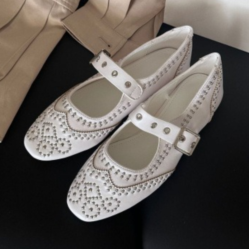 Women'S Fashion Brands - レトロリベットバックルデザインフラットシューズ レディース ラウンドトゥ シャロー エレガント メリージェーンシューズ