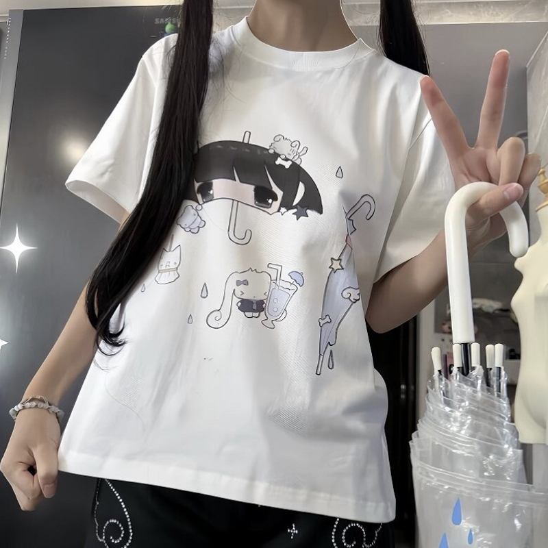 Women'S Fashion Umbrella - 日本のかわいい傘プリント半袖女性の Tシャツ夏ルーズコットントップファッション原宿ストリート女性服