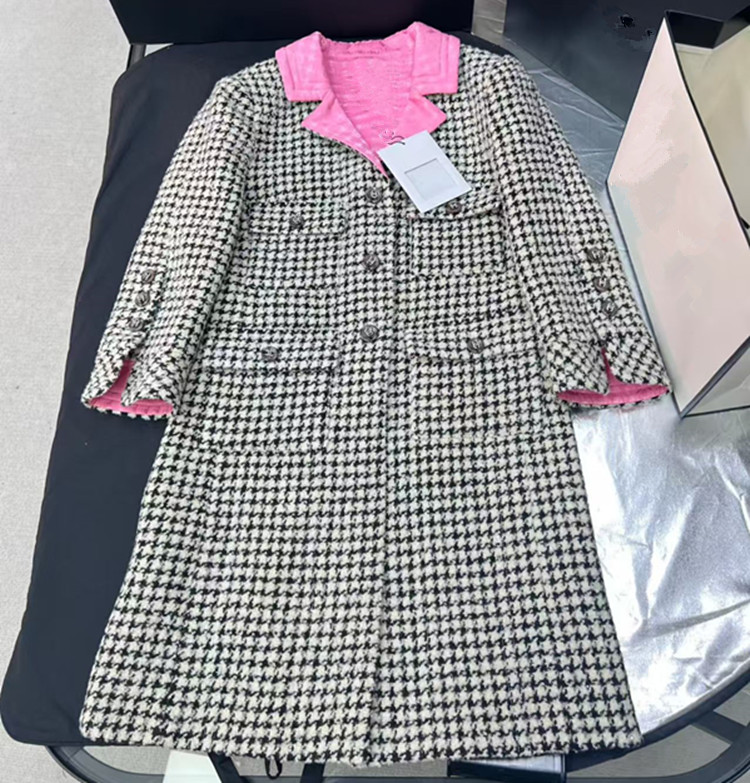 Women'S Fashion Long Coat - カスタマイズ可能なヨーロッパ女性ファッション2026春新作セブンボタンスーツカラーチェック柄シングルブレストツイードコート