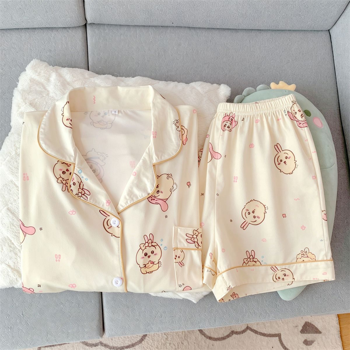 Women'S Fashion Pajamas - かわいいウサギちいかわ女性の夏のパジャマセット新モデル Y2K ファッションデザイン半袖ショーツ漫画学生ホームスーツギフト