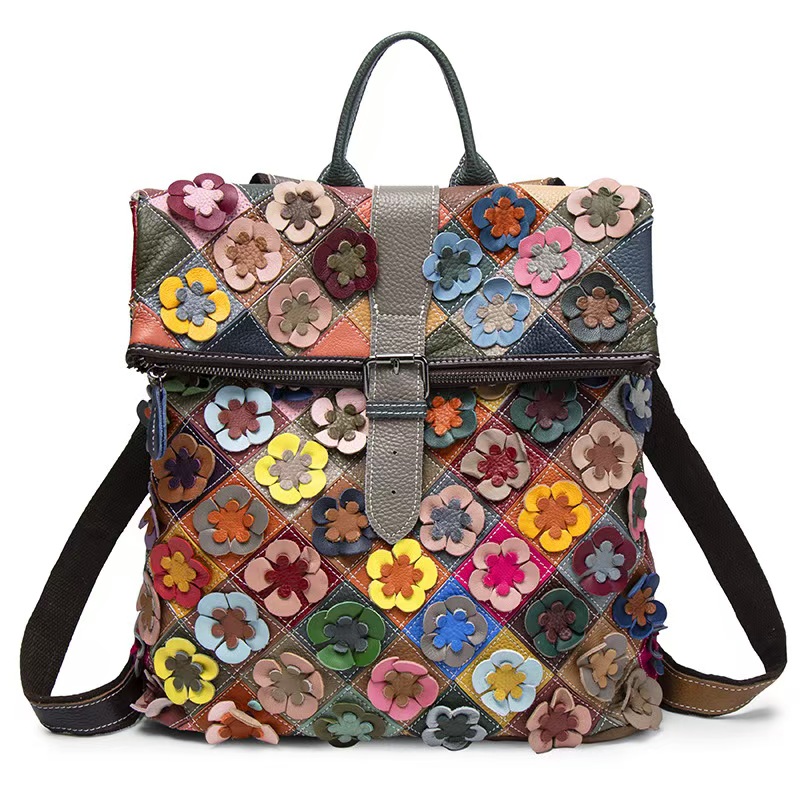 Women'S Fashion Backpack - ヴィンテージ女性本革バックパックフラワーリアル牛革ショルダーバッグファッションパッチワークレディース牛革トラベルバッグパック