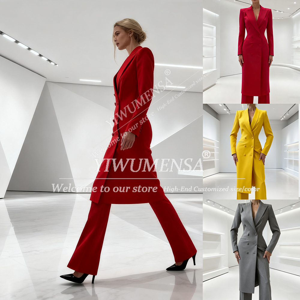 Women Fashion Jackets - エレガントなレディーススーツ、ツーピース、ダブルブレスト、ピークドラペルジャケットとパンツのセット、ファッショナブルなプロムブレザー、ロング丈、カスタムメイドの女性用アタイア