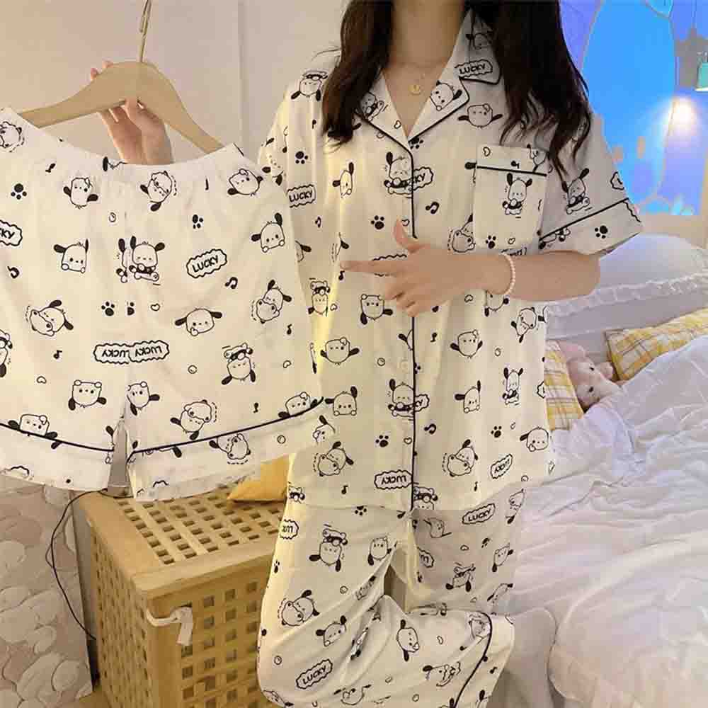 Women'S Fashion Pajamas - かわいいポチャッコ漫画柄レディース3点セット春用ホームウェア可愛いアニメ風快適でおしゃれな夏用アイスシルクパジャマ