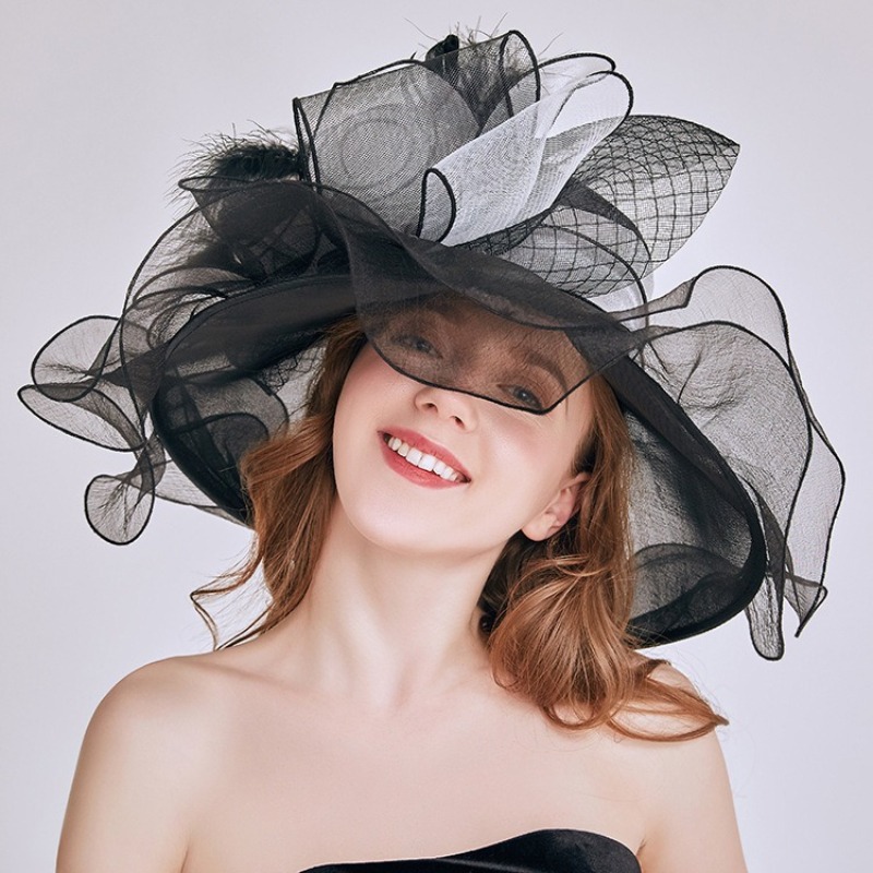 Women'S Fashion Kentucky Derby - ファッションフラワーファシネーターハット女性用レディースケンタッキーダービーワイドブリムウェディング教会オーガンザサンハットエレガントな大きなフェドラ帽