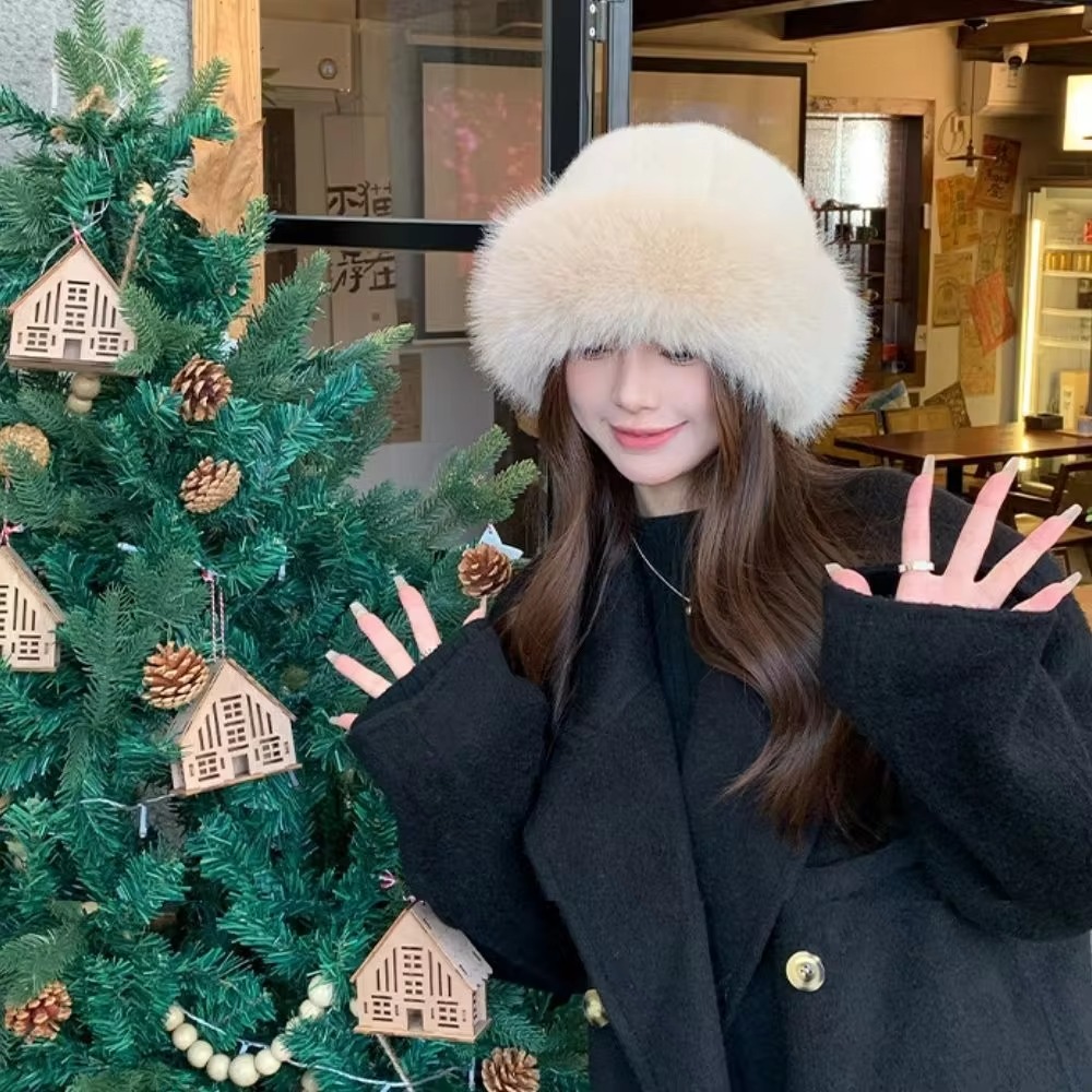 Bucket Hat Women - 新しい暖かいふわふわの毛皮のバケットハット寒い雪の日パナマキャップカバーヘッドキャップ厚みのある漁師の帽子女性用