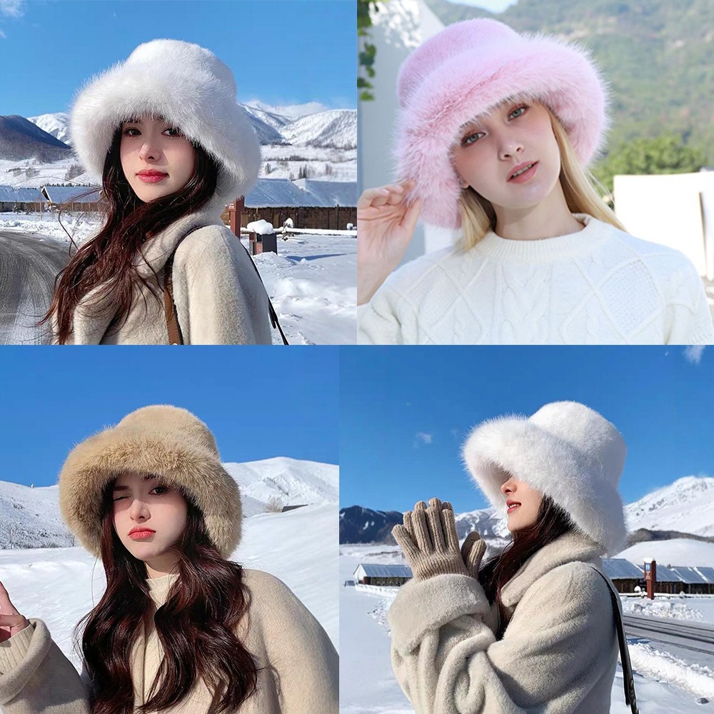 Bucket Hat Women - 新しい暖かいふわふわの毛皮のバケットハット寒い雪の日用ぬいぐるみ漁師帽子カバーヘッドキャップ厚いベレー帽女性用