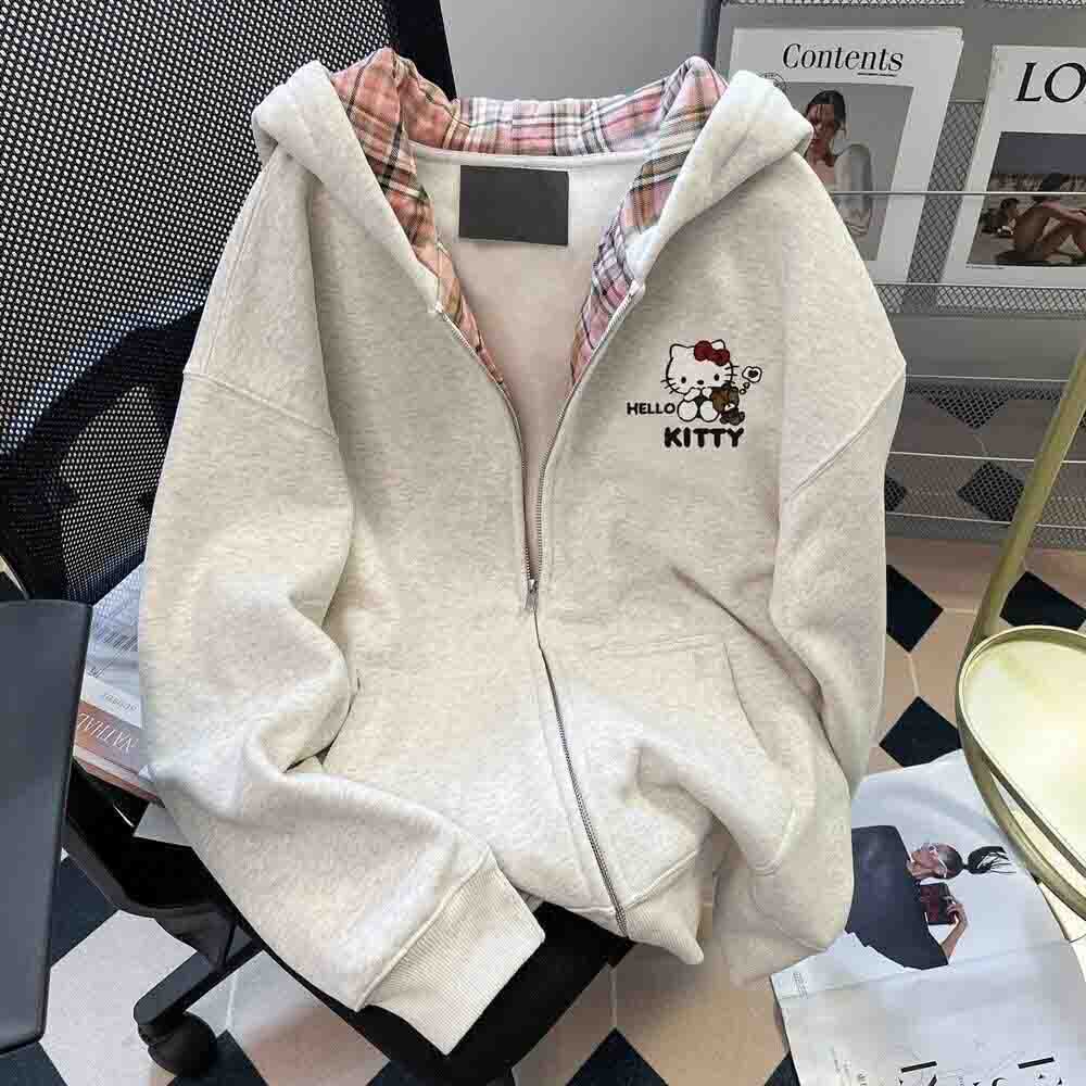 Women'S Fashion Long Coat - ハローキティ女性のフード付きスウェットシャツかわいい漫画学生秋長袖ジッパートップ婦人服 Y2K プリントコート