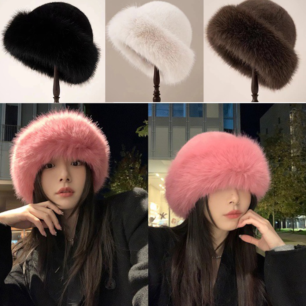 Bucket Hat Women - 新しいふわふわファー冬帽子無地ぬいぐるみ漁師帽子防寒防風厚手バケットハット女性女の子向け