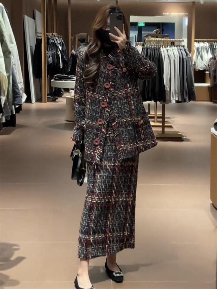 Women'S Fashion Long Coat - 冬の新作レディースファッション、高級感のある雰囲気の粗織り、小香風コート＋ハーフスカート、エレガントなツーピースセット