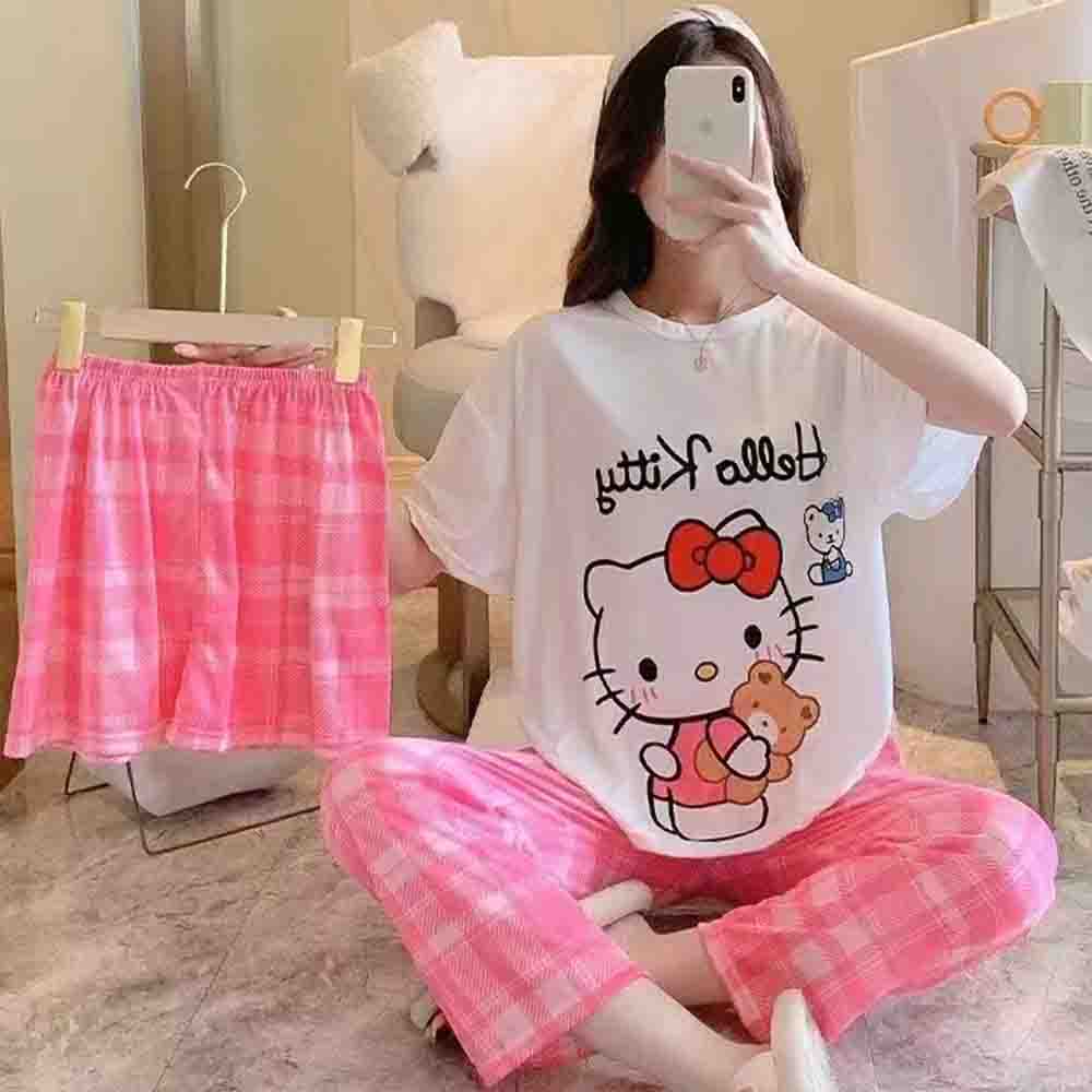 Women'S Fashion Pajamas - ハローキティ女性の新しい 3 ピースパジャマホーム服かわいい漫画カジュアル女性のファッション快適なホーム服パジャマセット