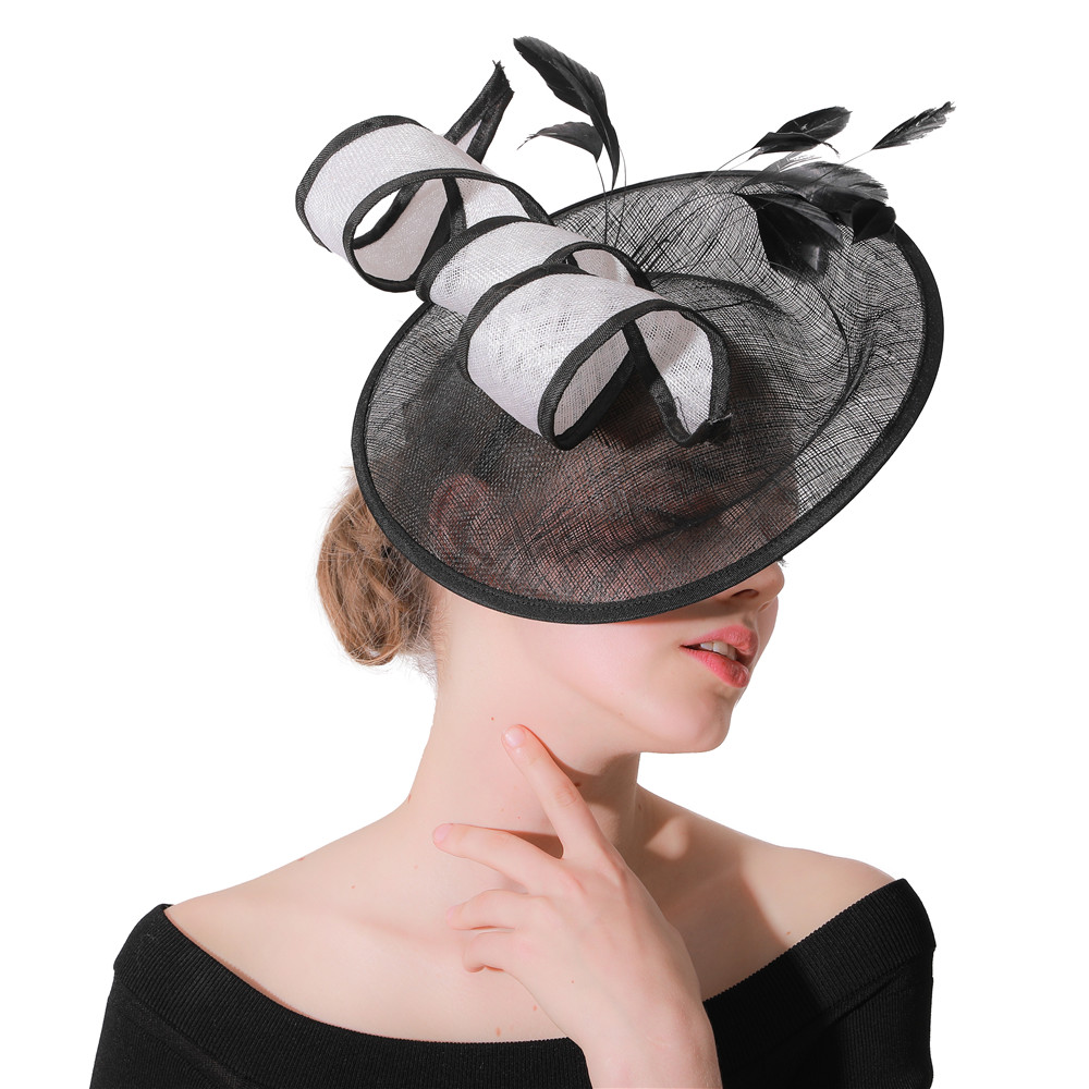 Women'S Fashion Kentucky Derby - ブラックケンタッキーダービーファシネーターハット レディース ホワイトフラワー シナメイハット レディース ウェディングパーティー