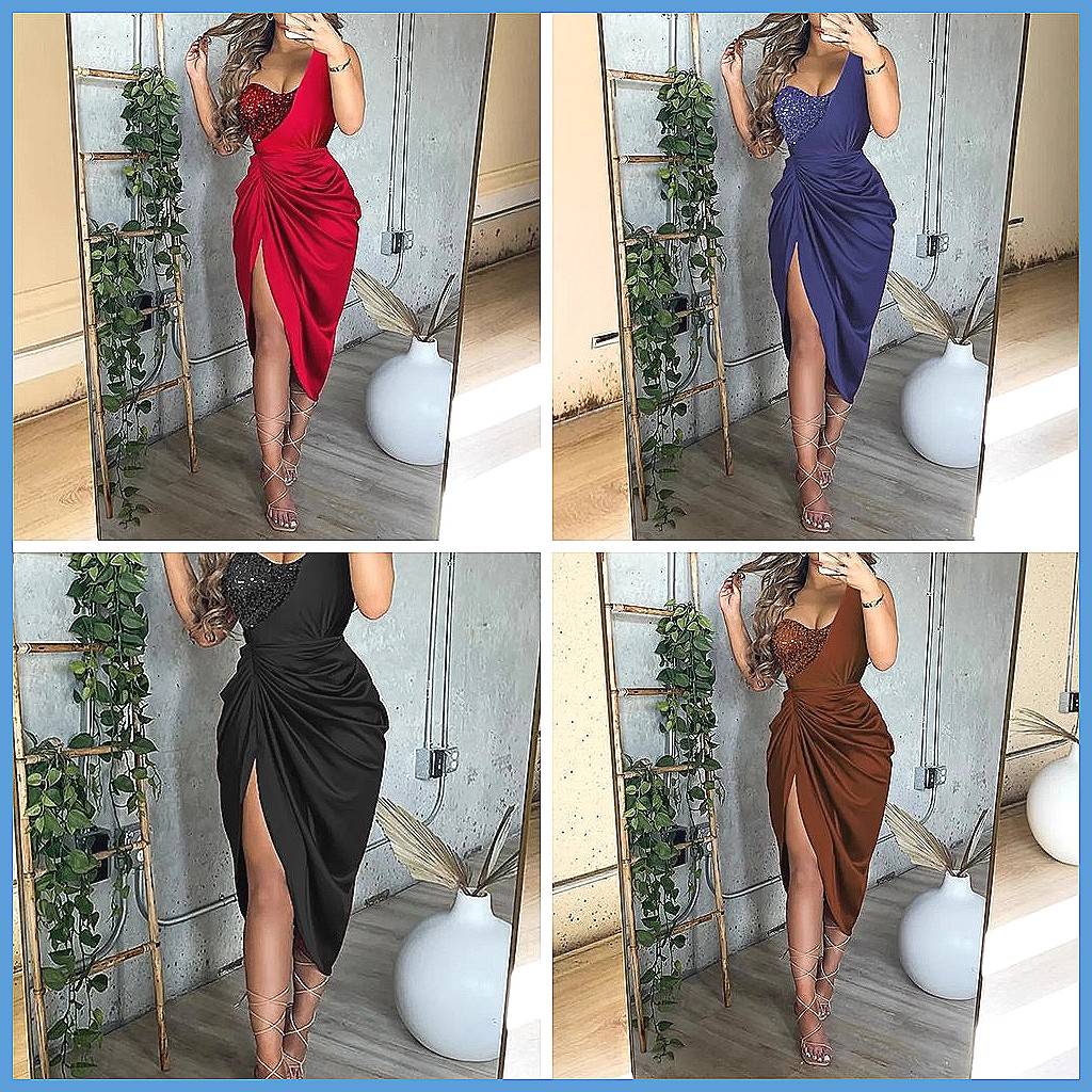 Smocked Dress Women - 女性用スパンコールワンショルダースリットロングドレス、エレガントなスモックパーティードレス、夏のイブニングドレス（文字数：78）