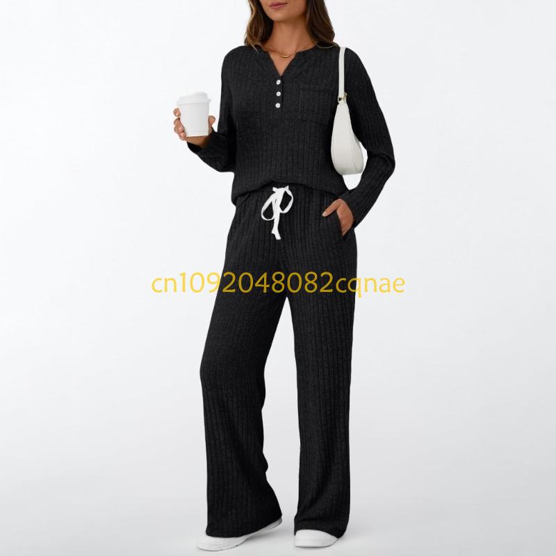 レディース 2 ピースラウンジセット秋服ヘンリーネックセータ - Women'S Fashion Pajamas のレビューと価格