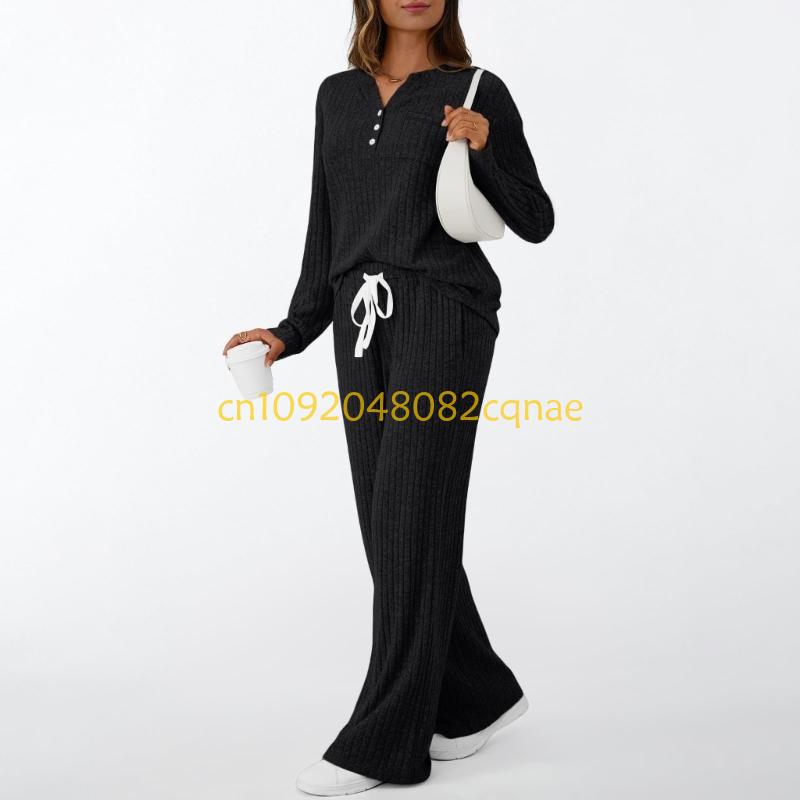 レディース 2 ピースラウンジセット秋服ヘンリーネックセータ - Women'S Fashion Pajamas のレビューと価格