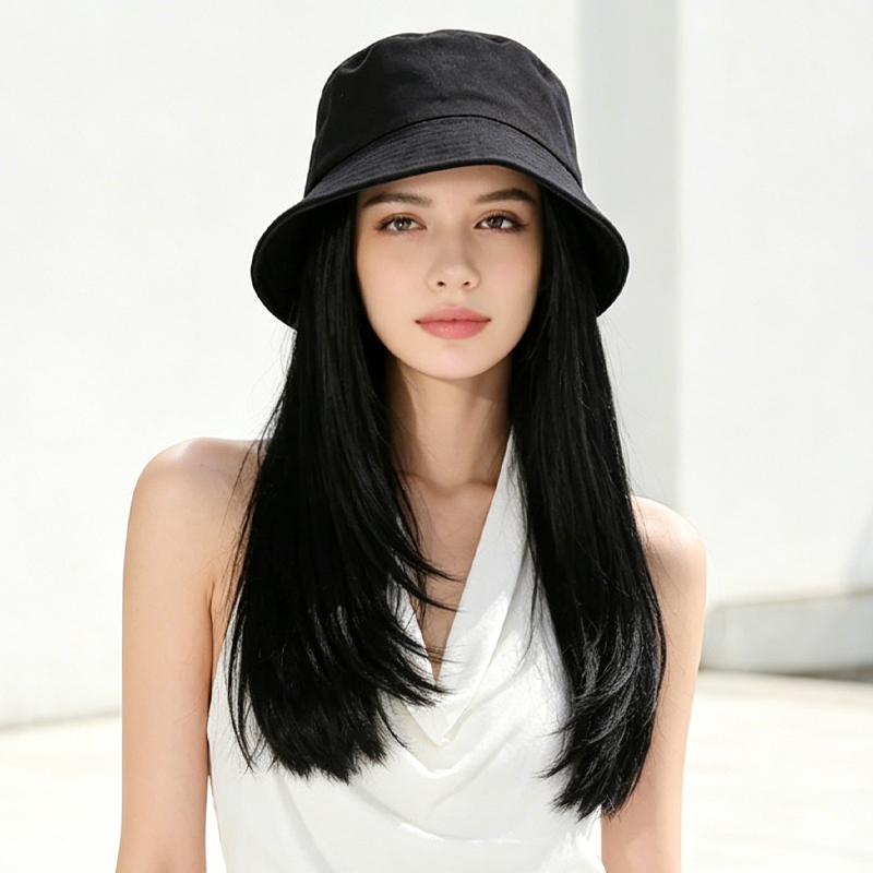 日よけ用の黒いバケットハットと合成毛の内側がカールしたヘアス - Bucket Hat Women のレビューと価格