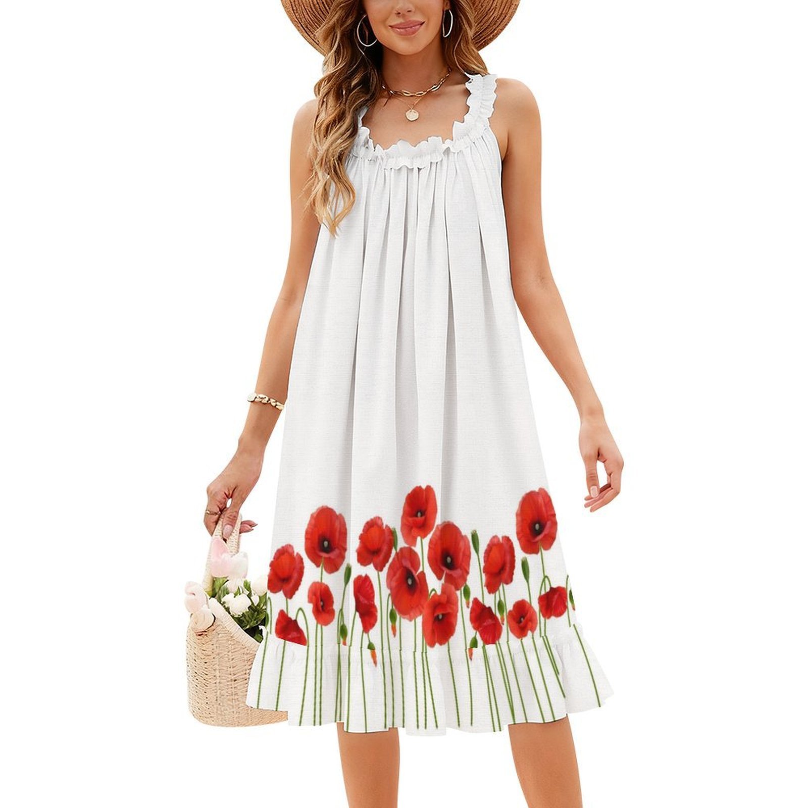 ポピー花柄スモックドレス女性のための春夏カジュアルドレスパー - Smocked Dress Women のレビューと価格