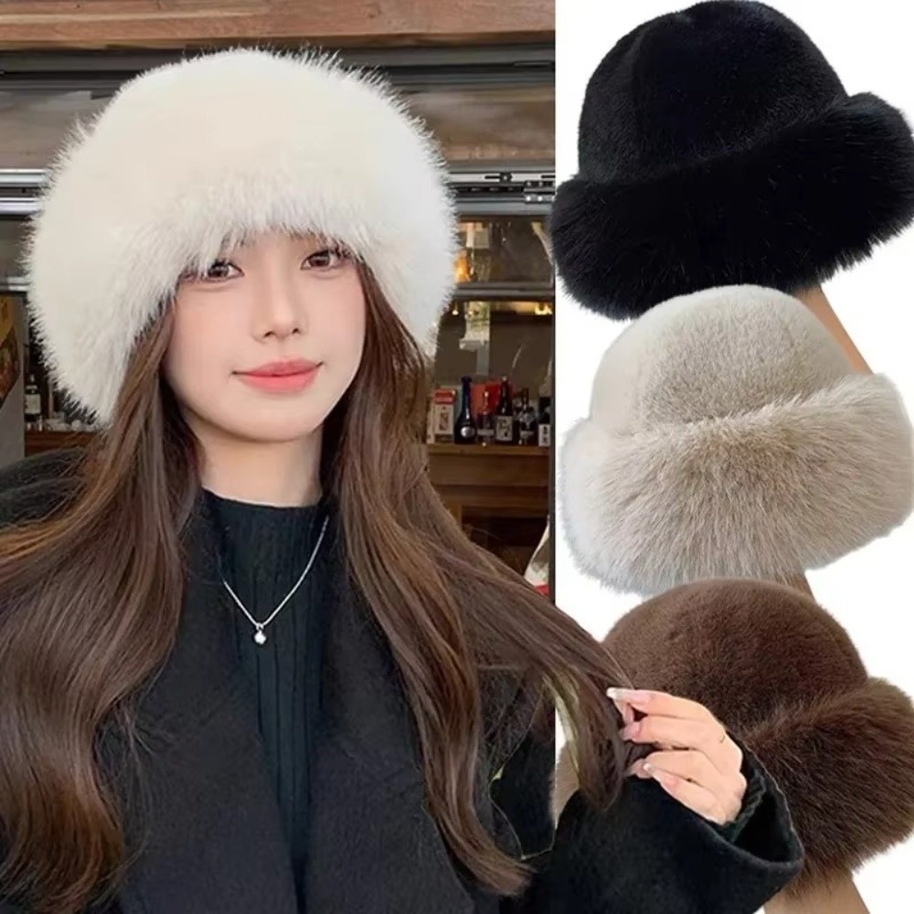 ファッション帽子ふわふわファー冬帽子ぬいぐるみ無地バケットハ - Bucket Hat Women のレビューと価格