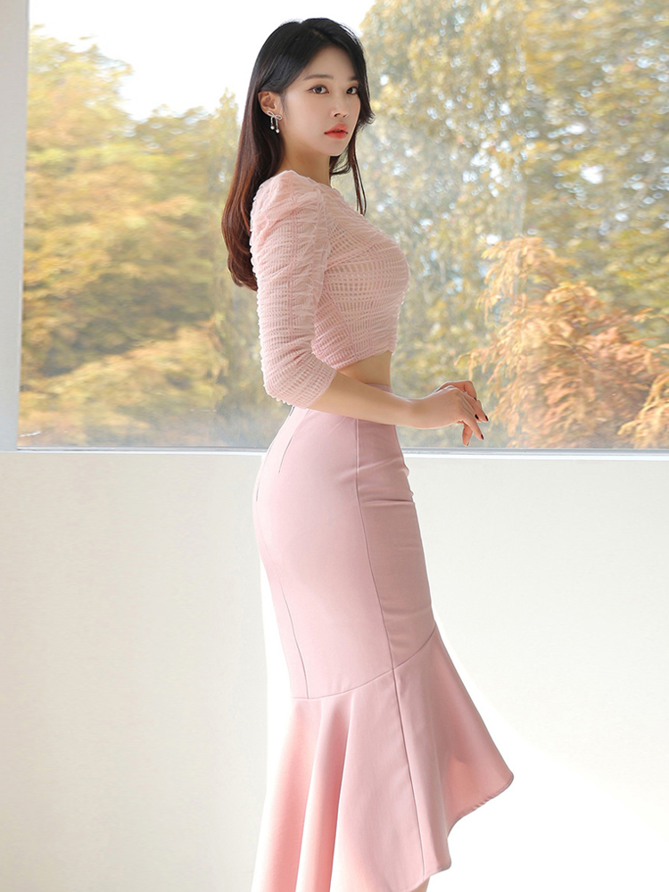新しいファッションセクシーなピンク甘い2ピース衣装女性服パフ - Women'S Fashion Long Coat のレビューと価格