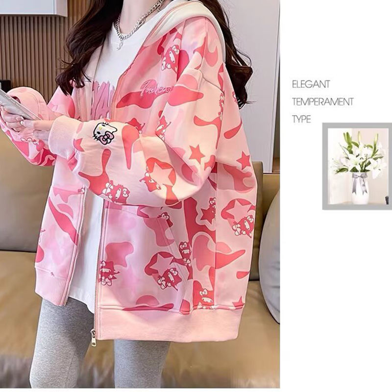 Y2K 2026新しいかわいい漫画ハローキティ迷彩フード付き - Women'S Fashion Long Coat のレビューと価格
