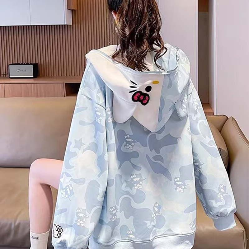 Y2K 2026新しいかわいい漫画ハローキティ迷彩フード付き - Women'S Fashion Long Coat のレビューと価格