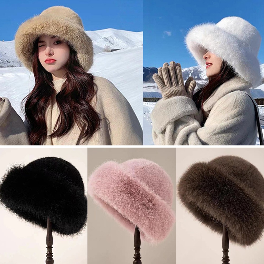 新しい暖かいふわふわの毛皮のバケットハット寒い雪の日パナマキ - Bucket Hat Women のレビューと価格