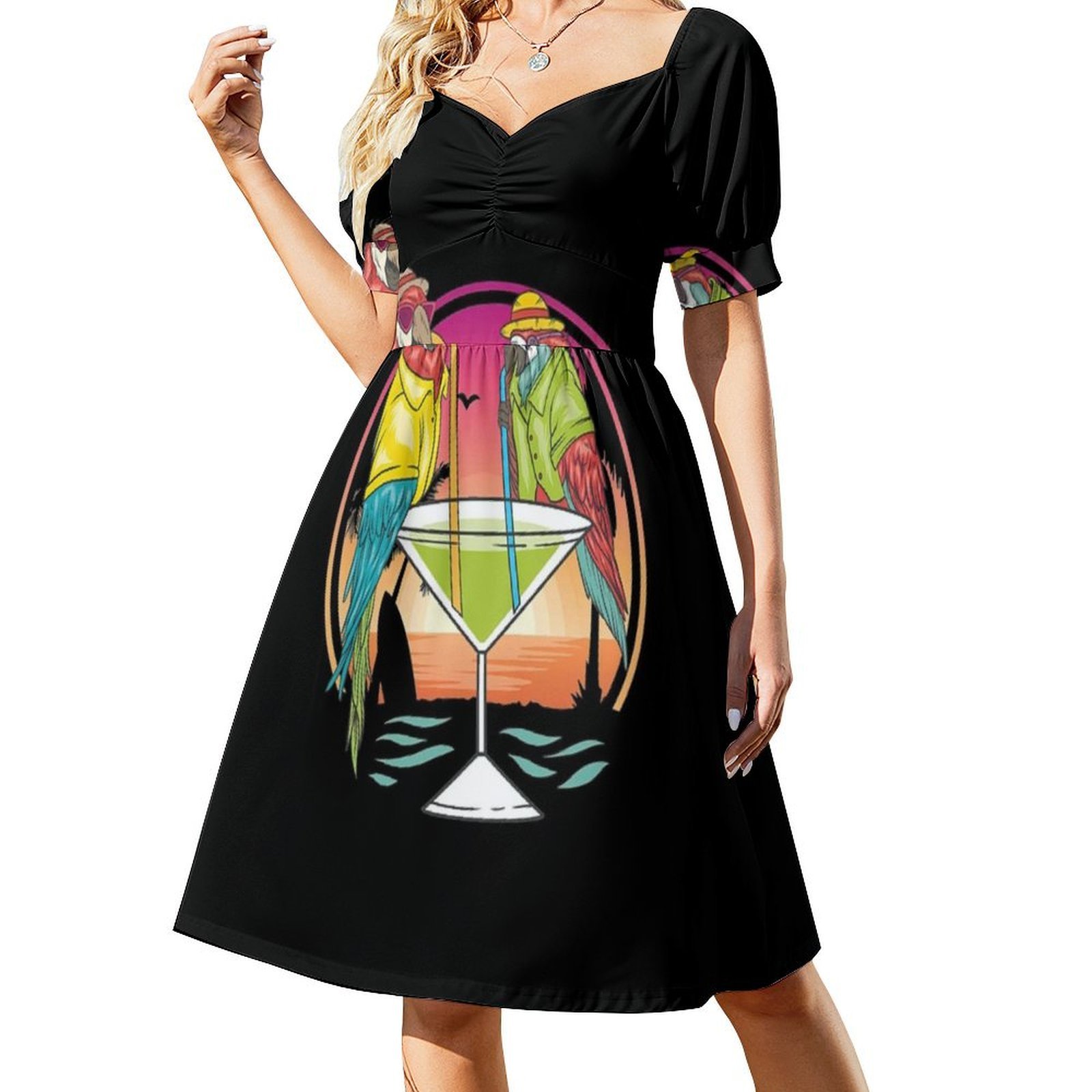 夏休みにマルガリータを飲むオウム鳥楽しい花柄スモックドレス女 - Smocked Dress Women のレビューと価格