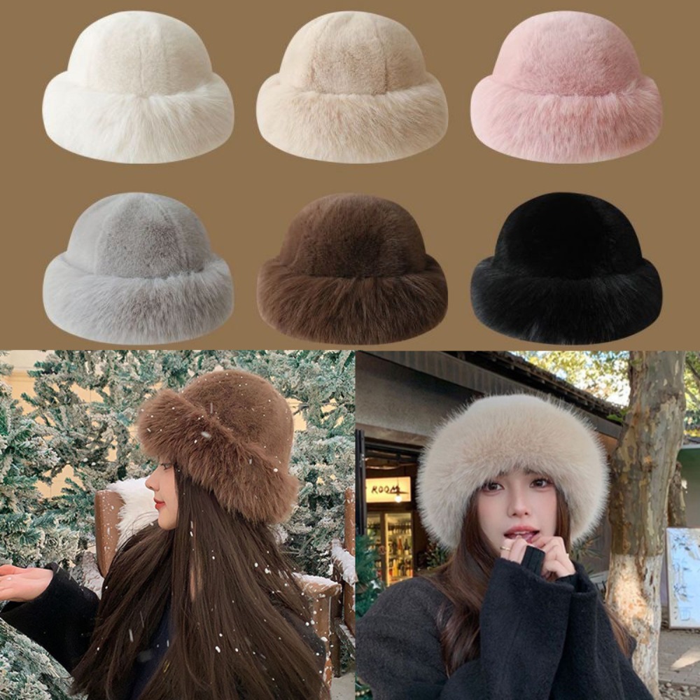 新しい暖かいふわふわの毛皮のバケットハット寒い雪の日用ぬいぐ - Bucket Hat Women のレビューと価格