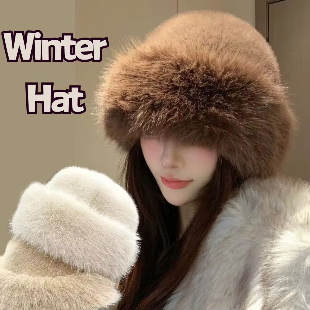 新しい暖かいふわふわの毛皮のバケットハット寒い雪の日用ぬいぐ - Bucket Hat Women のレビューと価格