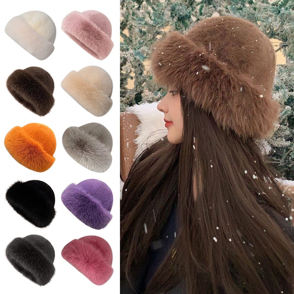 新しいふわふわファー冬帽子無地ぬいぐるみ漁師帽子防寒防風厚手 - Bucket Hat Women のレビューと価格