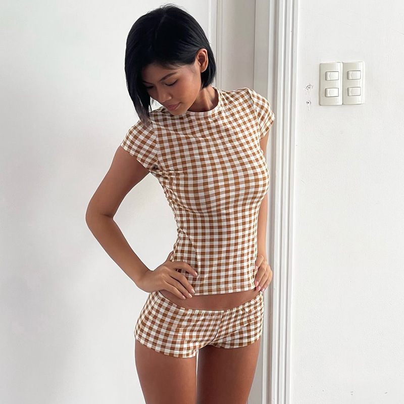2026 夏ファッションプリントチェック柄半袖ショートパンツ - Women'S Fashion Pajamas のレビューと価格