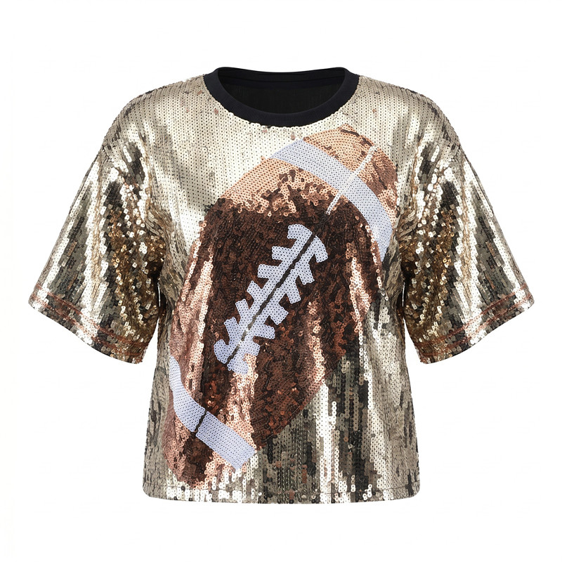 夏の新ファッションラグビープリントスパンコール女性半袖 Tシ - Women'S Fashion Rugby Top のレビューと価格