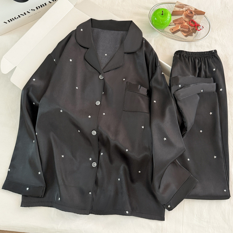 ファッショナブルなシンプルな星柄ブラックアイスシルクパジャマ - Women'S Fashion Pajamas のレビューと価格