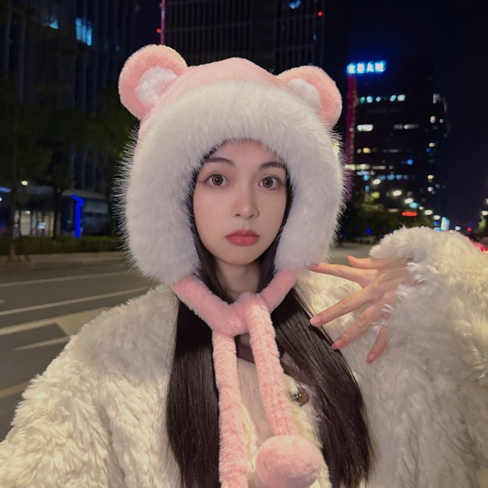 新しい暖かい冬用帽子、紐付きウールのクマ耳帽子、耳保護ベルベ - Bucket Hat Women のレビューと価格
