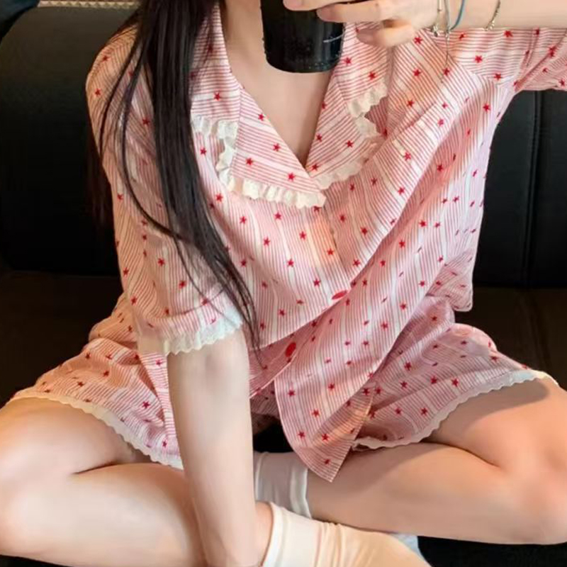 Y2K ファッションピンクストライプスタープリントパジャマセ - Women'S Fashion Pajamas のレビューと価格