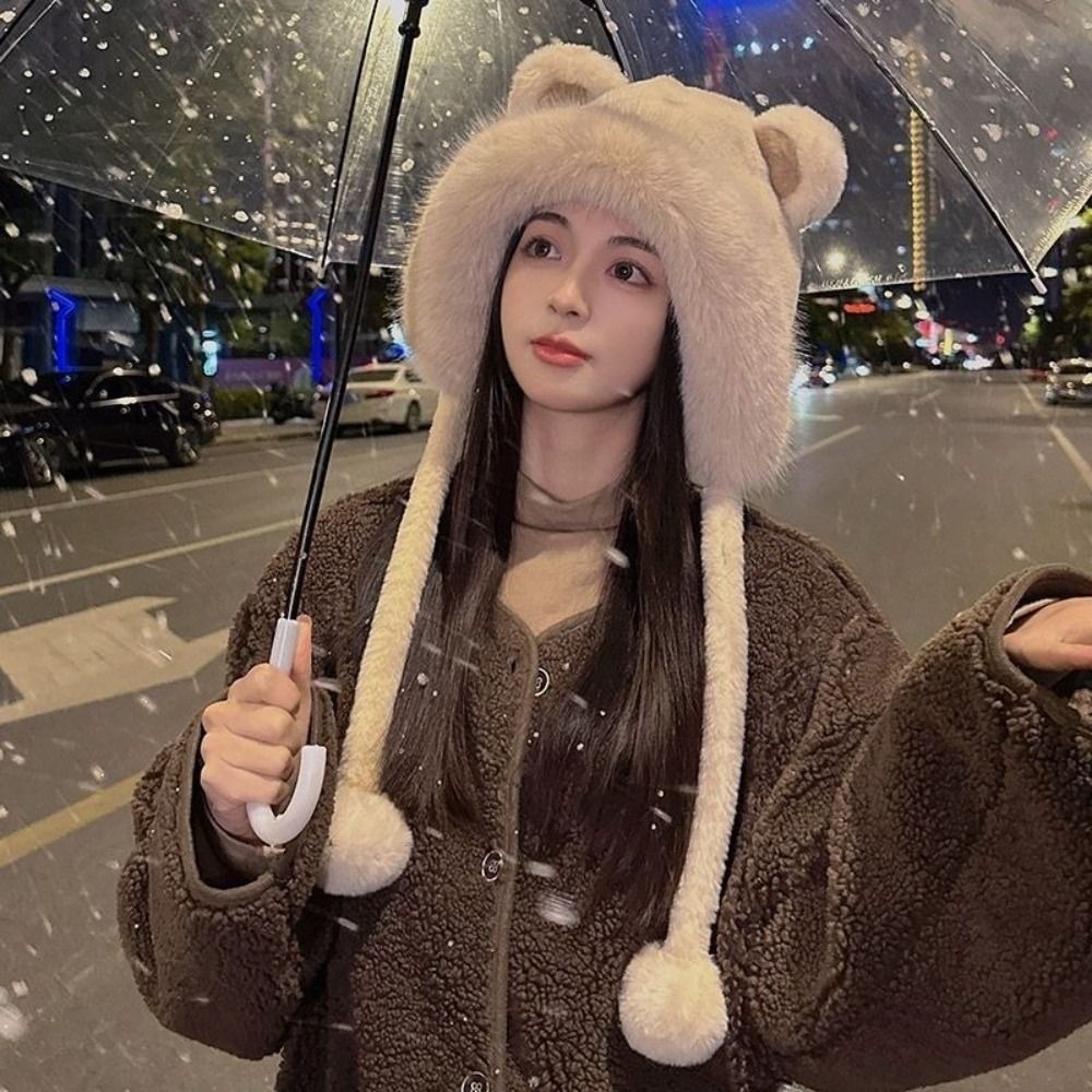 かわいい暖かい冬用帽子、紐付きウールのクマ耳帽子、耳保護ベル - Bucket Hat Women のレビューと価格