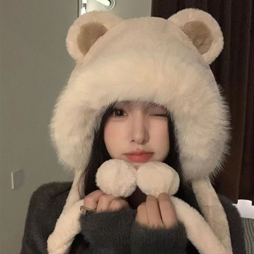 かわいい暖かい冬用帽子、紐付きウールのクマ耳帽子、耳保護ベル - Bucket Hat Women のレビューと価格