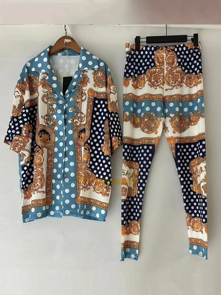 デザイナーレトロ幾何学模様プリントパジャマ風シャツツーピース - Women'S Fashion Pajamas のレビューと価格