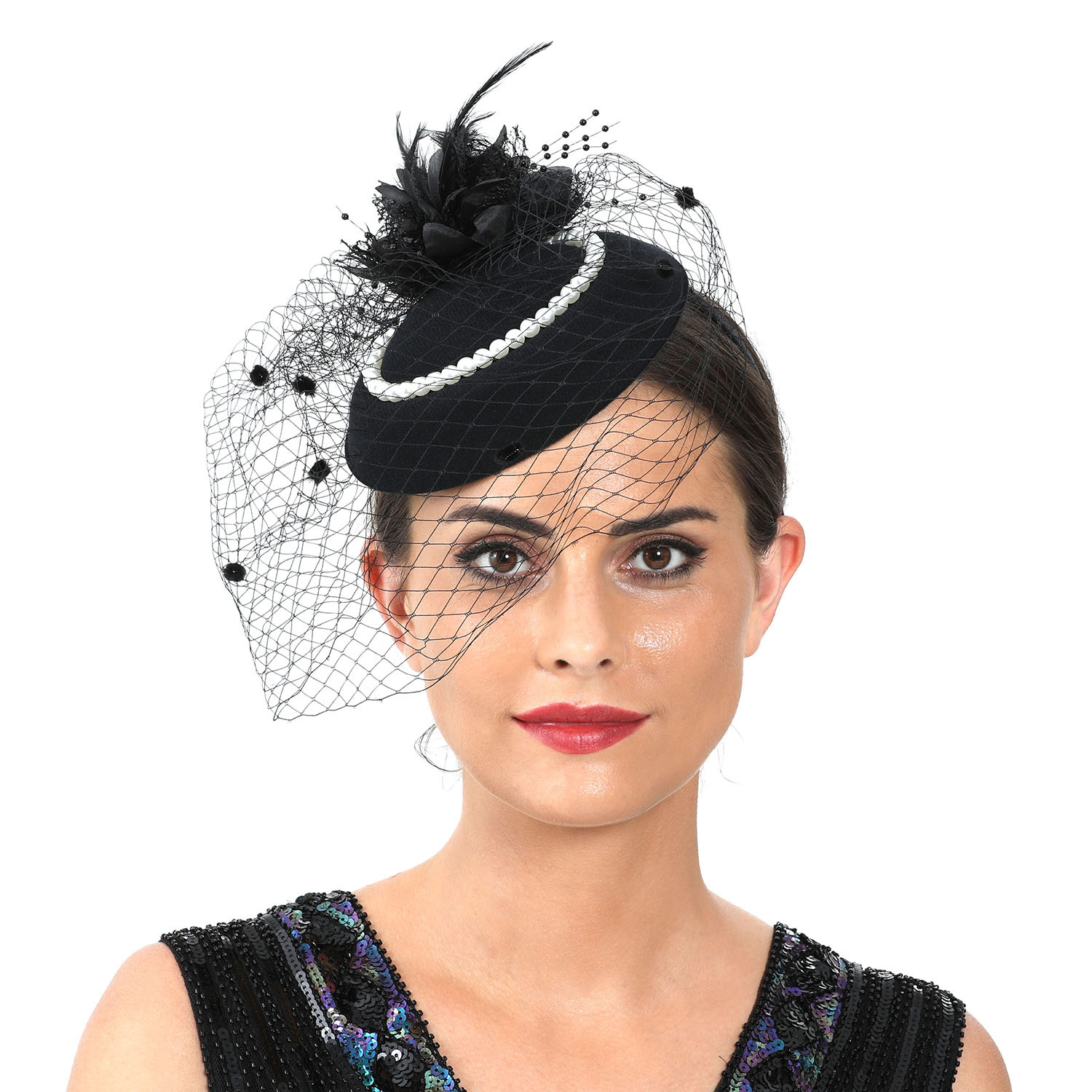 女性用フェザーファシネーターハット、ベール付き、パール付きス - Women'S Fashion Kentucky Derby のレビューと価格